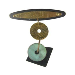 Artisan Patina Metal Dangle Brooch Pin Goldtone Vintage 2.2" Modern Articulated